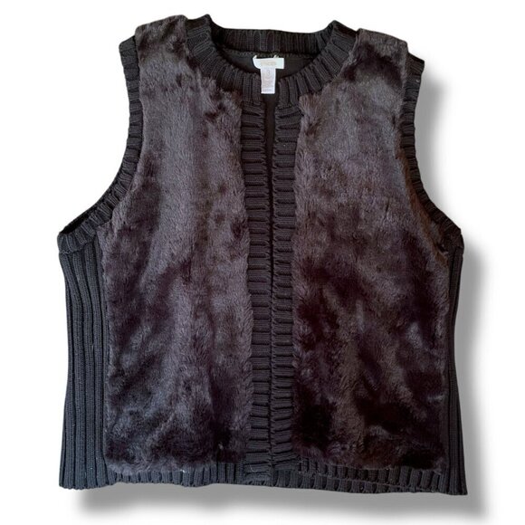 Chicos Womens Faux Fur Sweater Vest Sz 3 XL Black Open Front Wool Blend Boho - Picture 2 of 6